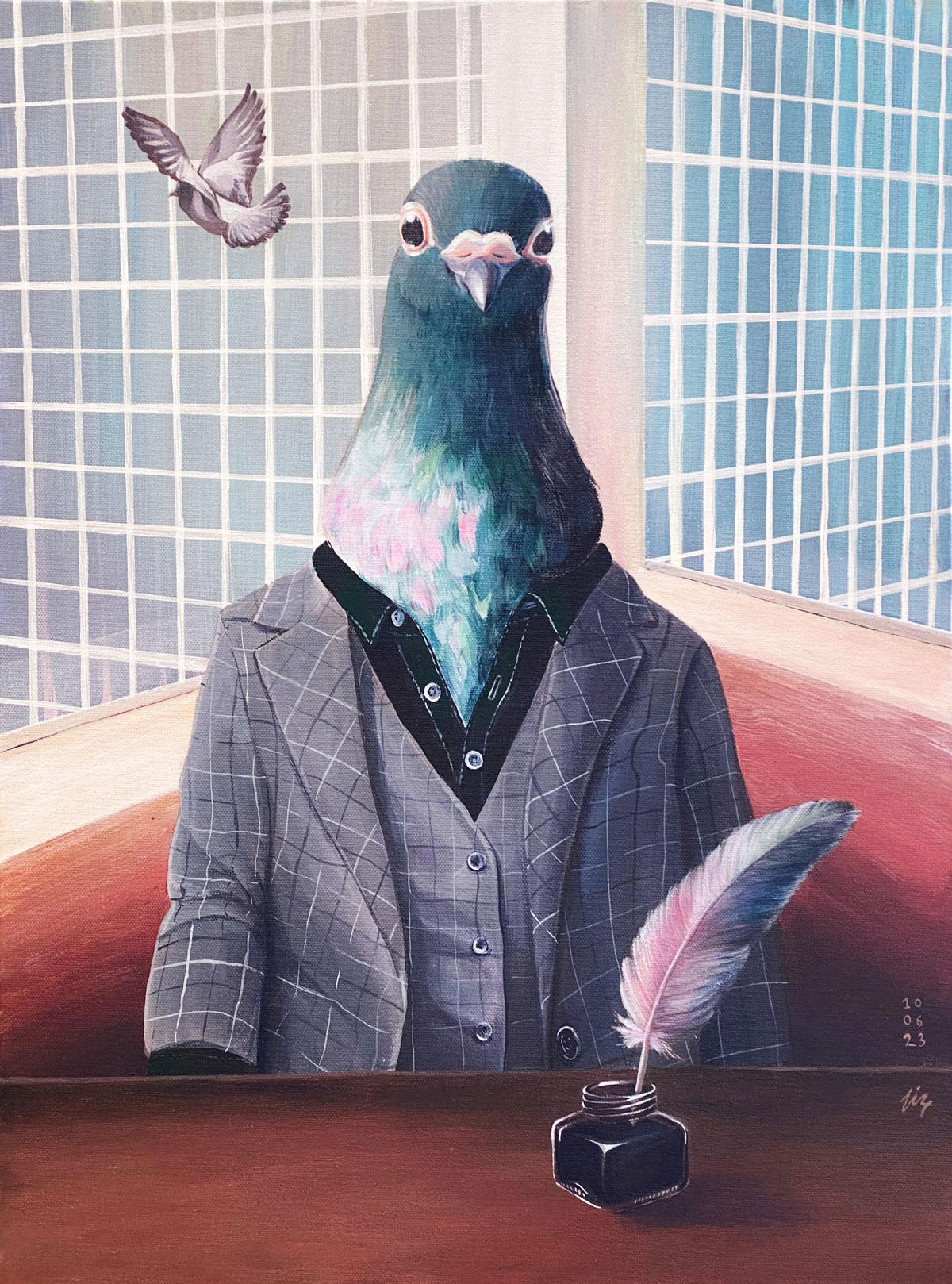 Chairman of the Bird, a surreal acrylic painting by Liz Broekhuyse
