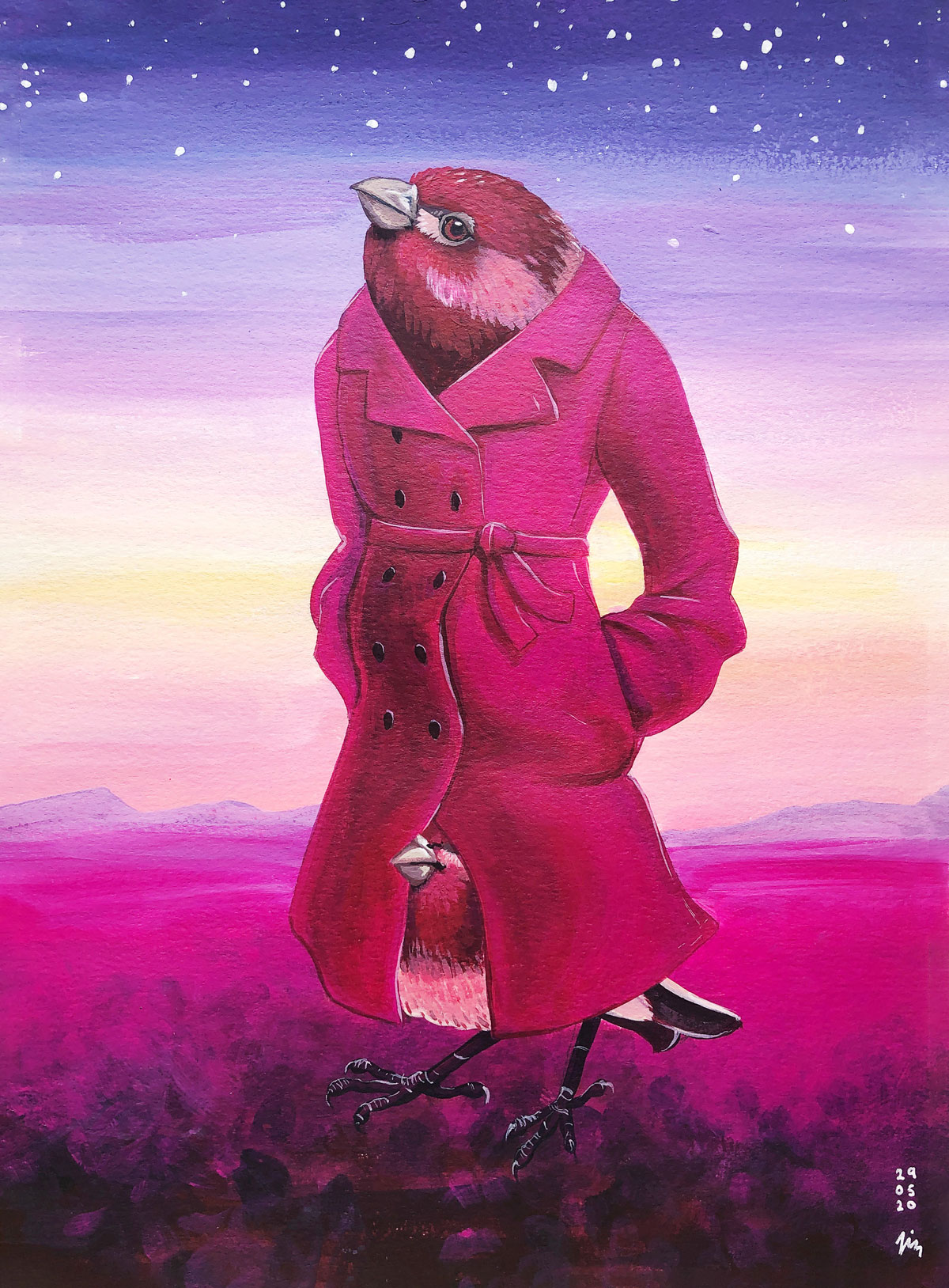 Three Birds in a Trench Coat, a surreal acrylic painting by Liz Broekhuyse