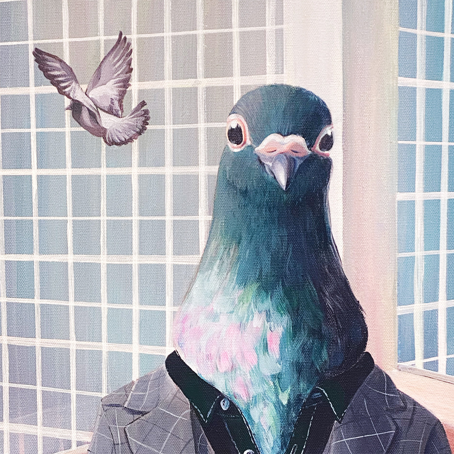 Detail of 'Chairman of the Bird', a surreal acrylic painting by Liz Broekhuyse