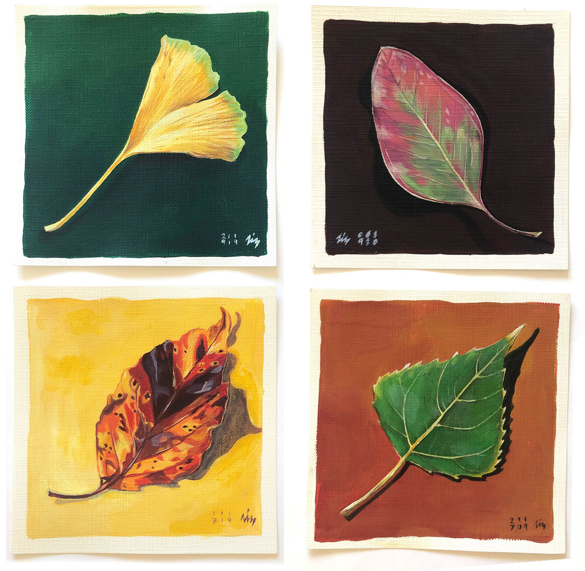 Fall Leaves, a series of small paintings by Liz Broekhuyse