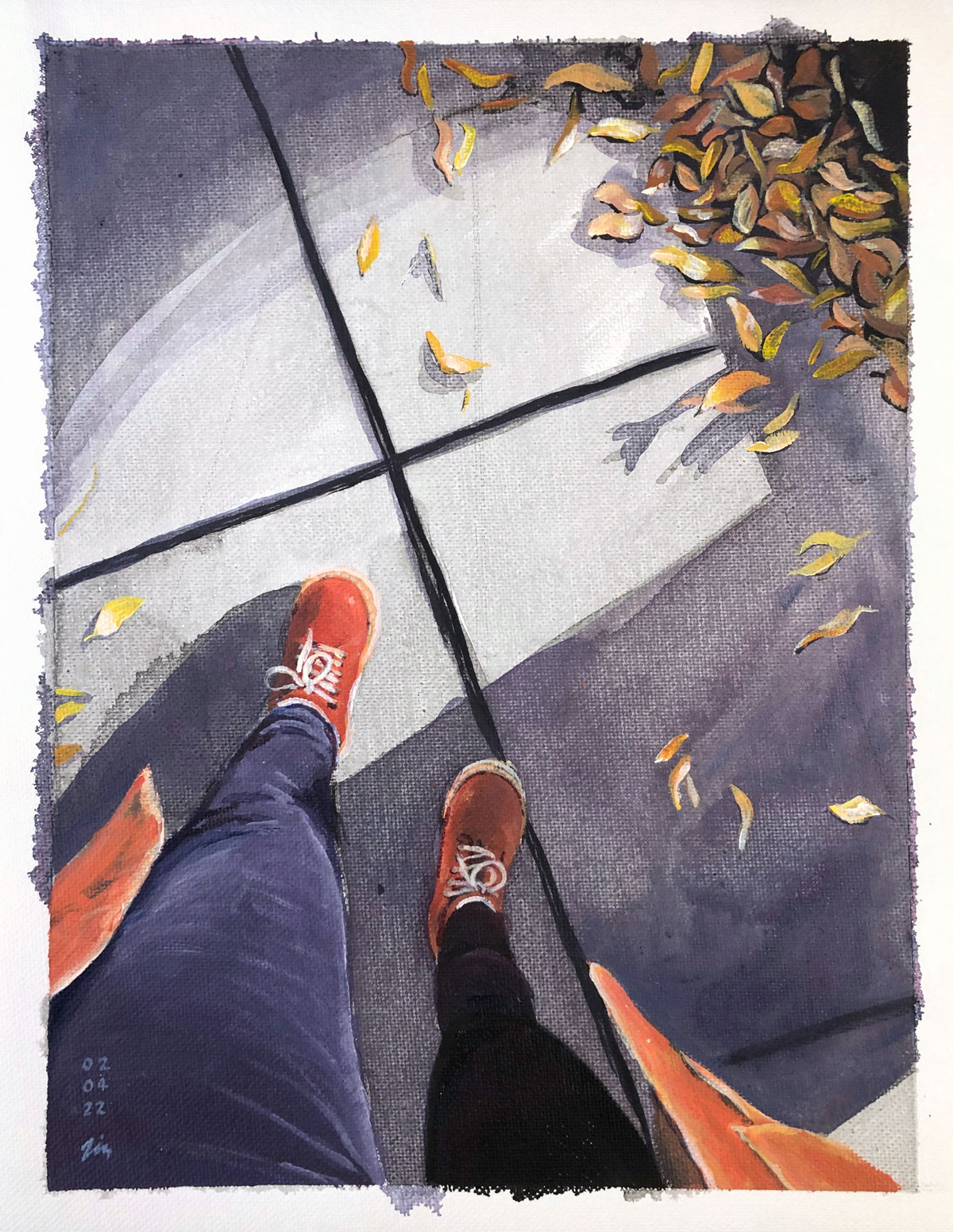 Pedestrian #2, an ink and acrylic painting by Liz Broekhuyse