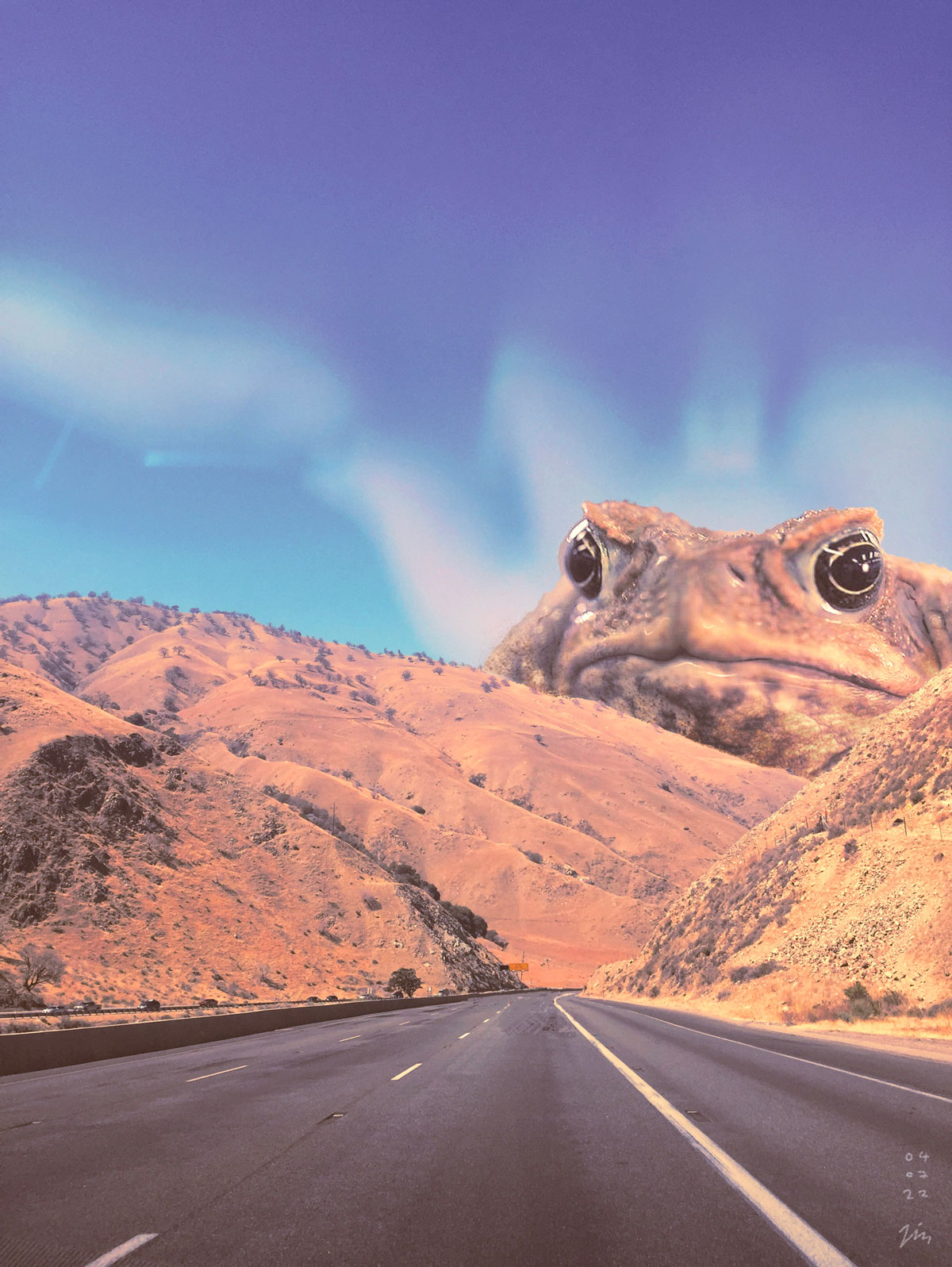 He Angy, a surreal photo collage featuring a enormous toad looming over a mountainous freeway by Liz Broekhuyse